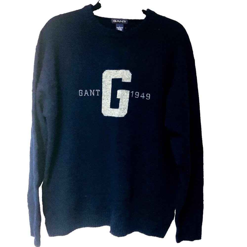 VTG Gant Mens Varsity Sweater L Navy Blue‎ Lambswool Collegiate Pullover Preppy